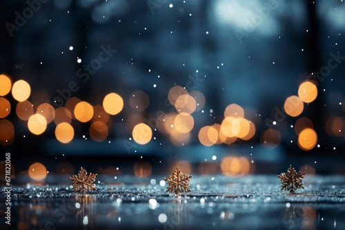 Christmas background with snowflakes and bokeh lights.