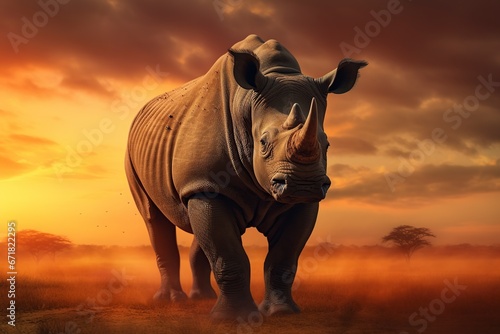 impressive rhinoceros in the African savannah.