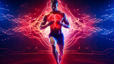 Man running with blood flow visualized in arteries and healthy heart.