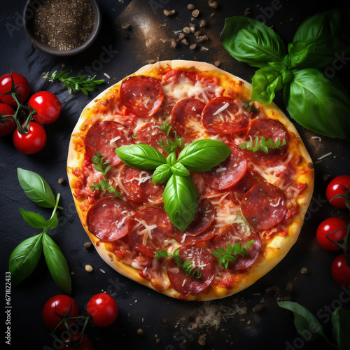 Overhead view of fresh pizza, close up, dark background, copy space