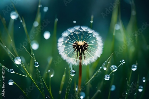 dandelion on green background with rain drop