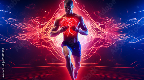 Man running with blood flow visualized in arteries and healthy heart. photo