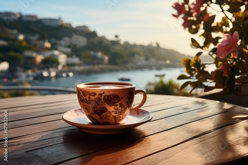 Coffee cup on the terrace of coffee shop with sea view background.