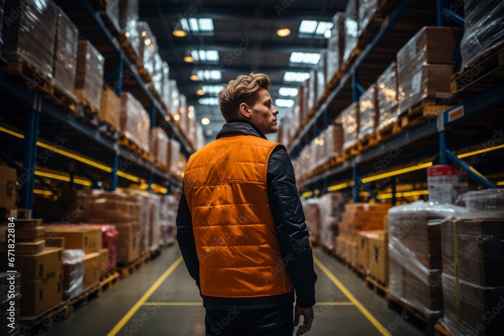 Man walking in huge warehouse Man walking in huge warehouse