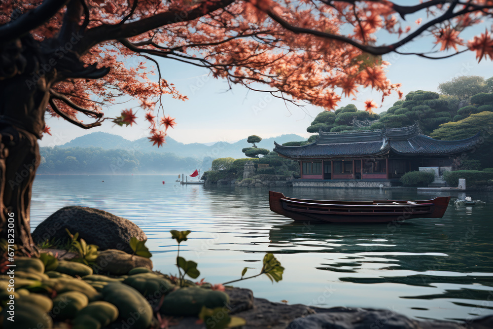 The serene beauty of Hangzhou's West Lake, celebrated in ancient Chinese poetry, embodying the Concept of natural retreats. Generative Ai.