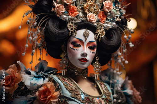 Traditional Chinese opera performers in elaborate costumes, embodying artistic expression and the Concept of theatrical arts. Generative Ai.