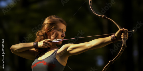 Young woman in fast archery action with motion blur.