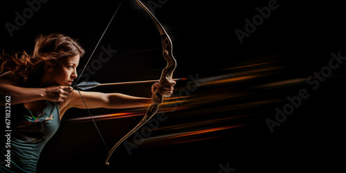 Young woman executing a swift archery shot with motion blur effect.