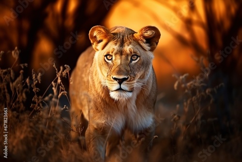 fearless lioness in the African savanna
