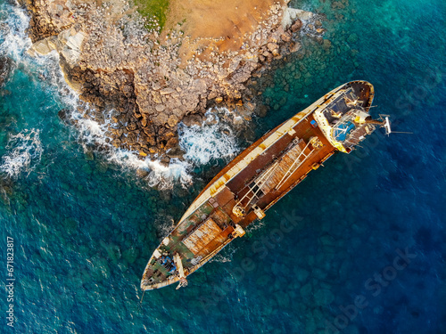 Aerial bird’s eye view of the abandoned ship wreck EDRO III in Pegeia, Paphos, Cyprus