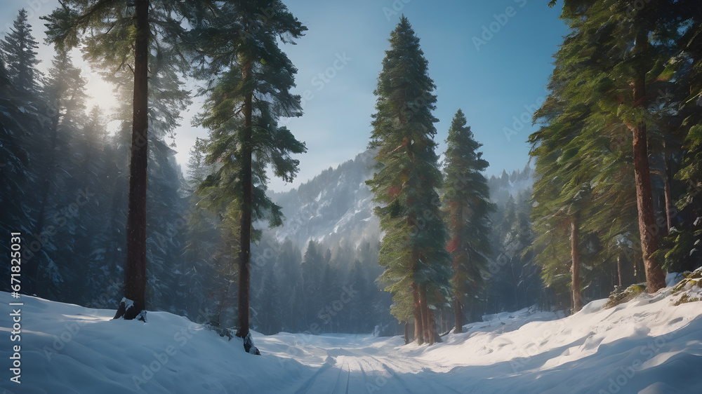 Fototapeta premium winter forest in the morning, nature illustration, winter landscape with snow covered trees, sunrise in the mountains