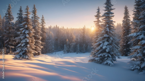 winter forest in the morning, nature illustration, winter landscape with snow covered trees, sunrise in the mountains © Kawaii