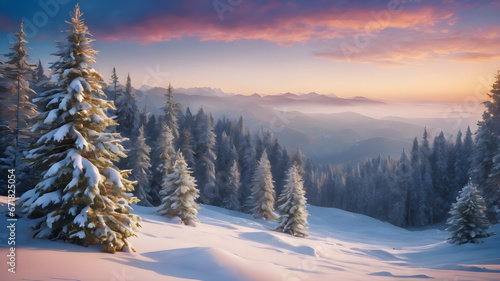 winter forest in the morning, nature illustration, winter landscape with snow covered trees, sunrise in the mountains