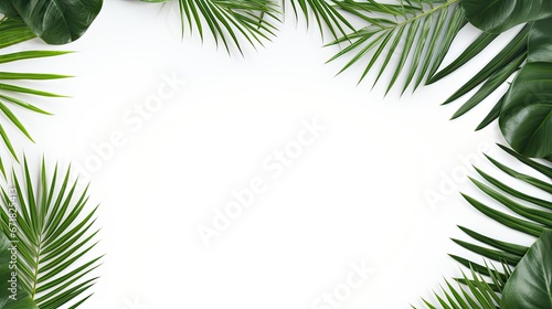 vibrant tropical leaves against a clean white background. The composition embody a minimalistic, exotic concept, leaving ample space for text or design elements