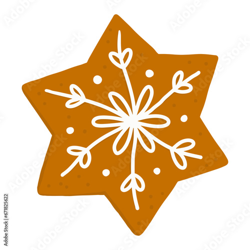 Cookies gingerbread in shape of star and snowflake with sugar glazed in a cartoon style. Festive sweet cookies on white background. Homemade dessert. Vector illustration