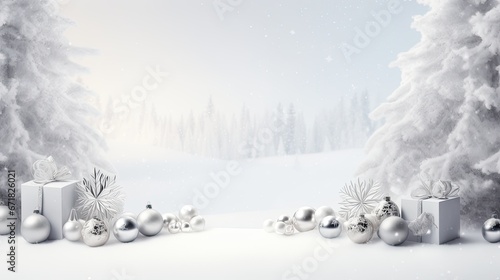 a Christmas or New Year banner set against a snowy white background. The banner is elegantly framed by matching white Christmas decorations  creating a serene winter wonderland ambiance.