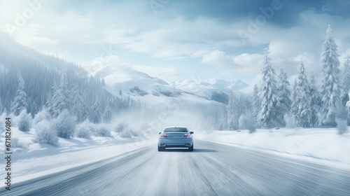 a car speeding down a snowy road, surrounded by a breathtaking winter landscape of snow-covered mountains and a dense forest. Emphasize the sense of motion and adventure.