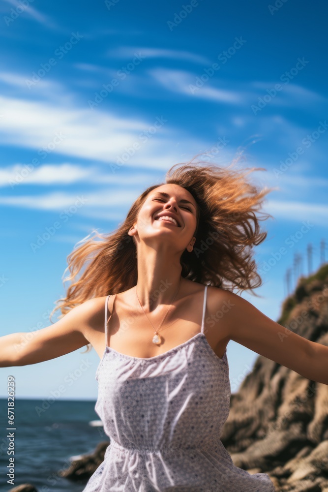 With arms outstretched, a woman basks in the wind, feeling its refreshing embrace on her skin. With arms outstretched, a woman basks in the wind, feeling its refreshing embrace on her skin.