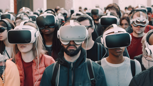 crowd of deceived people in vr glasses, generative ai