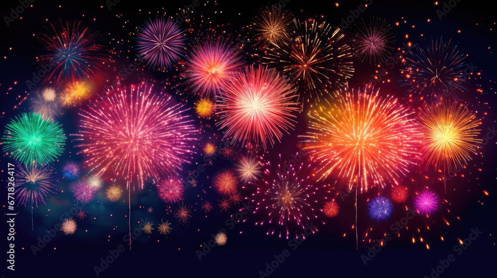 Naklejka premium Colorful firework background. New Year celebration background.