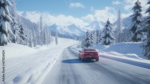 a car speeding down a snowy road  surrounded by a breathtaking winter landscape of snow-covered mountains and a dense forest. Emphasize the sense of motion and adventure.