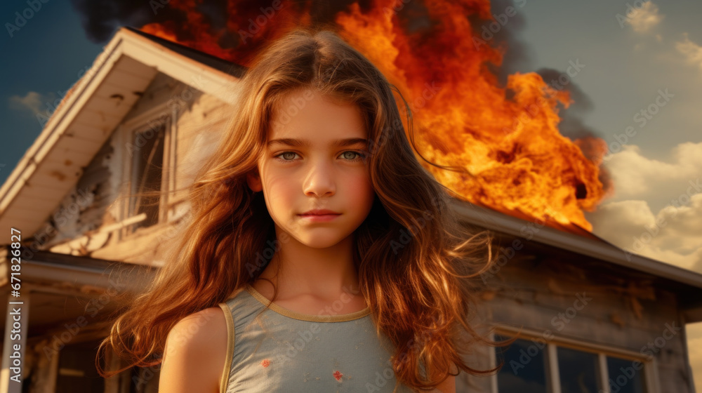 Smiling little girl and burning house - revenge or envy concept - obrazy, fototapety, plakaty 