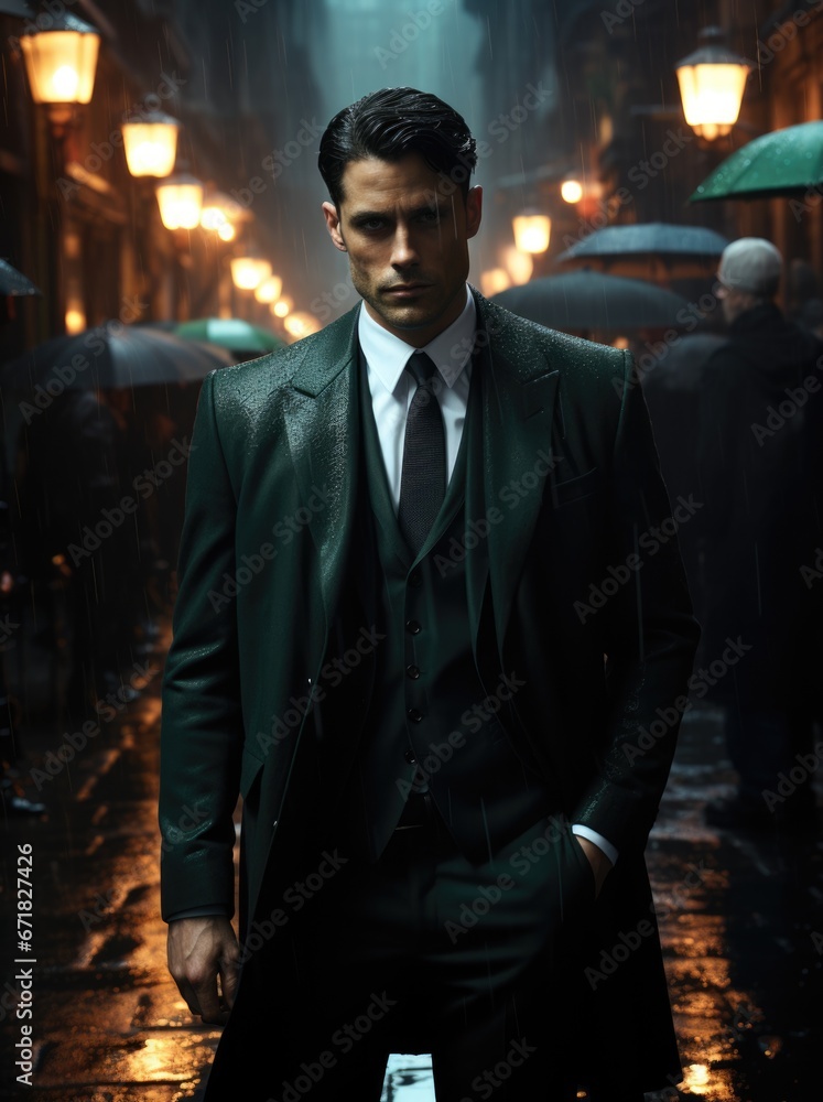 Silhouette of a man in a stylish jacket, old fashion style of the 20th century. Dramatic dark scene, silhouette of a man, rain, darkness. Secret agent, mafia, crime, detective