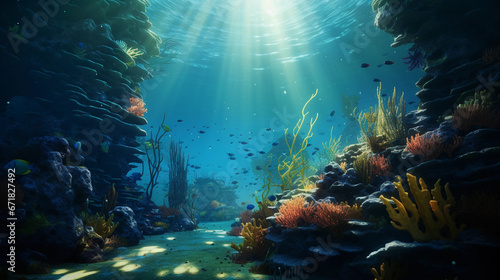 An immersive underwater scene featuring photorealistic Damselfish, in a lively coral ecosystem, varying depth-of-field, magical ambient lighting