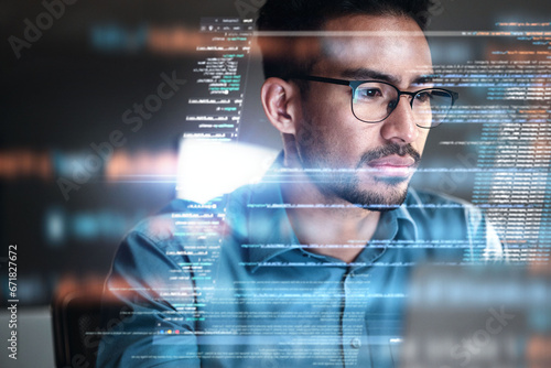 Tableau sur toile Programmer, coding and man with focus, hologram and data analytics with cyber security, futuristic and stock market