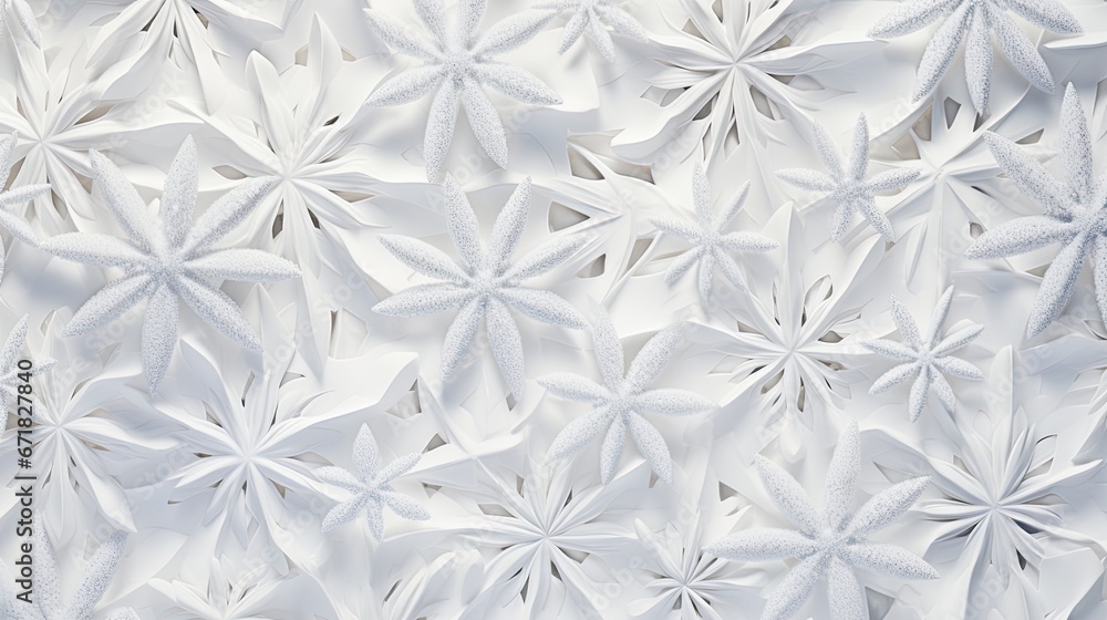 A delicately embossed snowflake pattern graces the surface of white paper, adding an exquisite touch to its texture and structure. SEAMLESS PATTERN. SEAMLESS WALLPAPER.