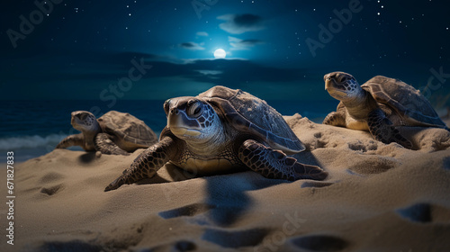 a family of loggerhead turtles, hatching on a moonlit beach, ambient moon glow, sea foam photo