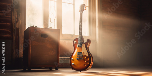 lectric guitar leaning against an amplifier, worn out sunburst finish, wooden floor, visible guitar picks photo