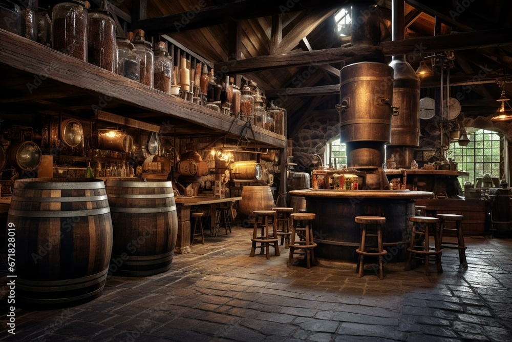 A brewery with barrels, hops, and brewing equipment in a rustic setting. Generative AI