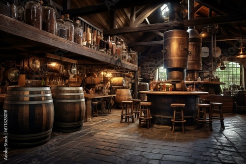 A brewery with barrels, hops, and brewing equipment in a rustic setting. Generative AI
