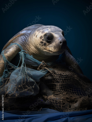 Kemp's ridley turtle, entangled in a fishing net, dark mood, highlighting the plight of endangered species