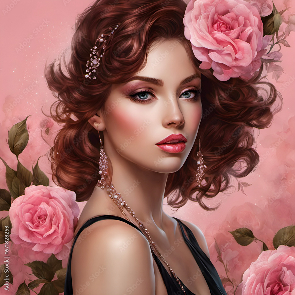woman with roses, illustration, pink