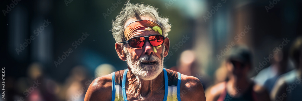 Marathon runner, in his 60s, close to the finish line, face showing a mix of exhaustion and determination.