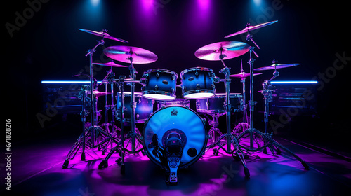 Jazz drum set under neon blue and purple lights, cymbals shimmering, Remo drumheads, stage setup