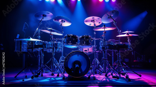 Jazz drum set under neon blue and purple lights, cymbals shimmering, Remo drumheads, stage setup © Marco Attano