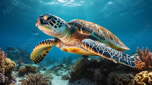 green sea turtle, gracefully swimming among coral reefs, dappled sunlight, piercing blue water © Marco Attano
