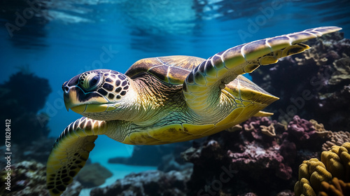 green sea turtle  gracefully swimming among coral reefs  dappled sunlight  piercing blue water