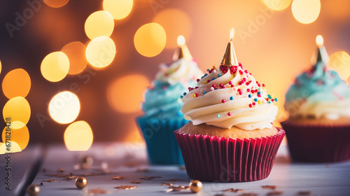 Colorful New Year s cupcakes with festive decorations on a table  Happy New Year dinner  blurred background  with copy space
