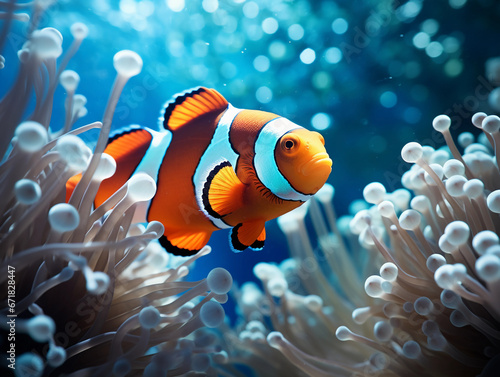 Clownfish swimming among vibrant anemones, sharp focus, ethereal blue background, natural sunlight filtering through water