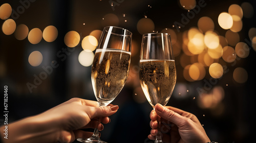 A toast with champagne flutes filled with sparkling wine, bubbles in focus, Happy New Year dinner, blurred background, with copy space