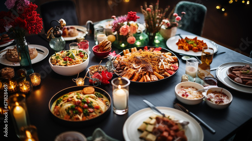 An overhead shot of a dining table brimming with New Year's specialties, Happy New Year dinner, blurred background, with copy space