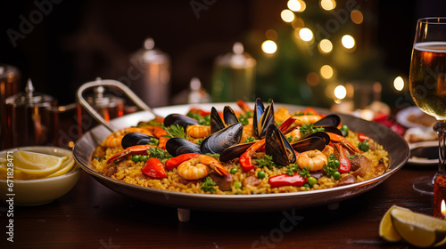 A vibrant dish of seafood paella as a New Year s specialty  Happy New Year dinner  blurred background  with copy space