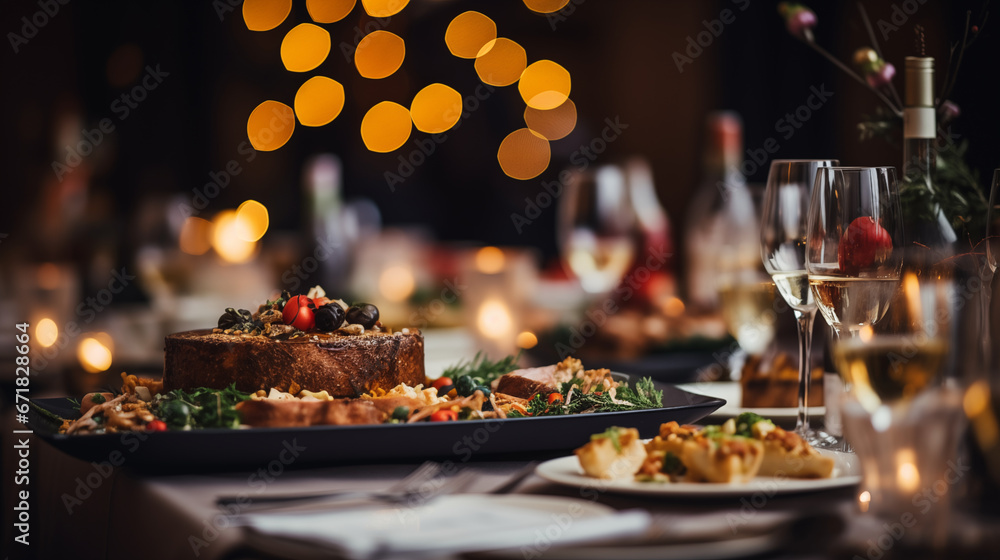 An elegant New Year's Eve dinner buffet with an assortment of gourmet dishes, Happy New Year dinner, blurred background, with copy space An elegant New Year's Eve dinner buffet with an assortment of gourmet dishes, Happy New Year dinner, blurred background, with copy space