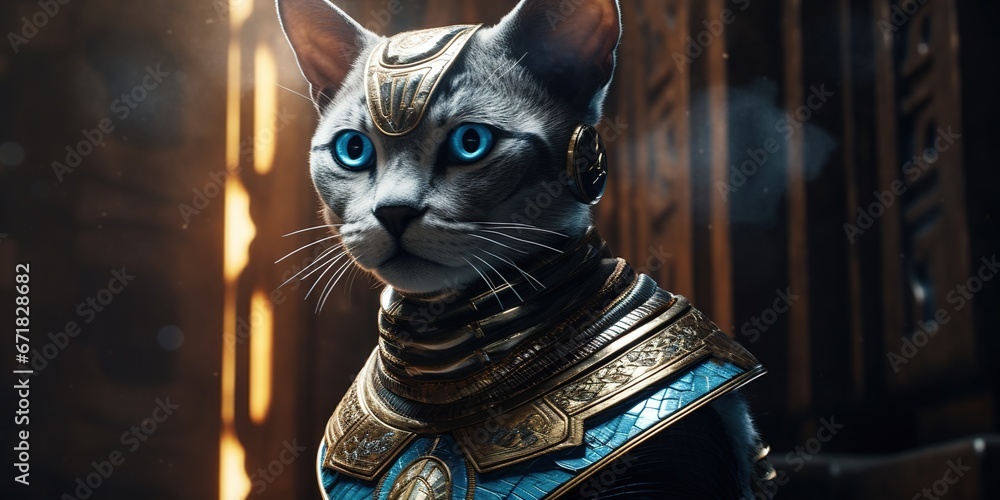 Close-up of a feline-like alien with radiant blue fur and large, almond-shaped golden eyes, wearing an ancient Egyptian beaded collar and headdress, against hieroglyph-etched walls - obrazy, fototapety, plakaty 