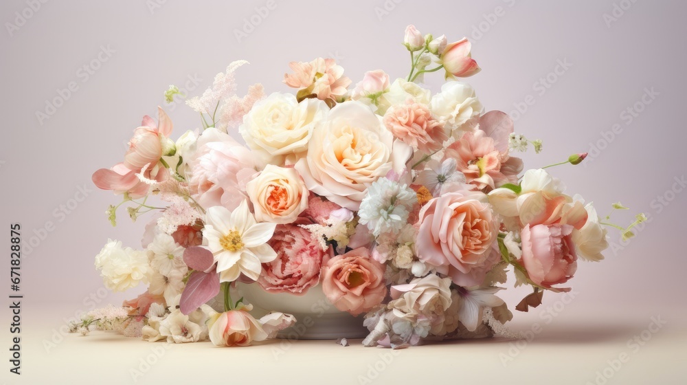 a wedding bouquet set against a light background, perfect for adding text or an invitation, emphasizing the elegance and romance of the occasion.