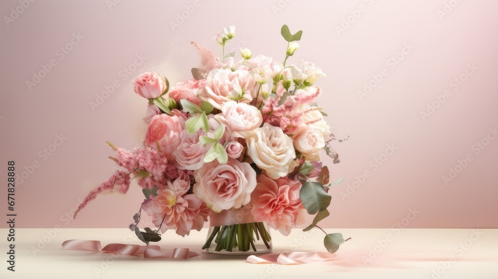 a wedding bouquet set against a light background, perfect for adding text or an invitation, emphasizing the elegance and romance of the occasion. a wedding bouquet set against a light background, perfect for adding text or an invitation, emphasizing the elegance and romance of the occasion.